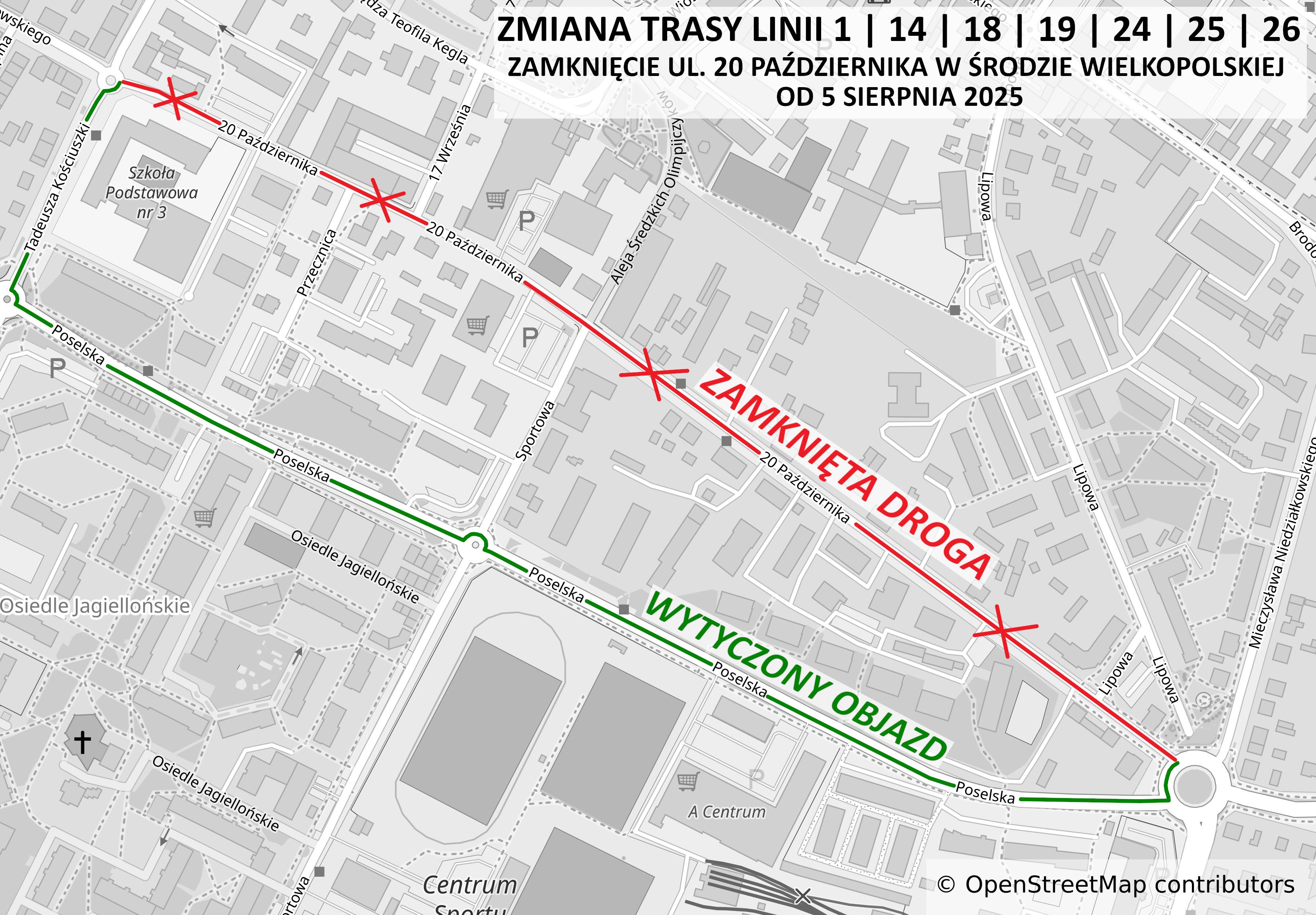 Mapa przedstawiająca objazd autobusu